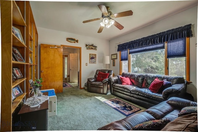 carpeted living room featuring ceiling fan