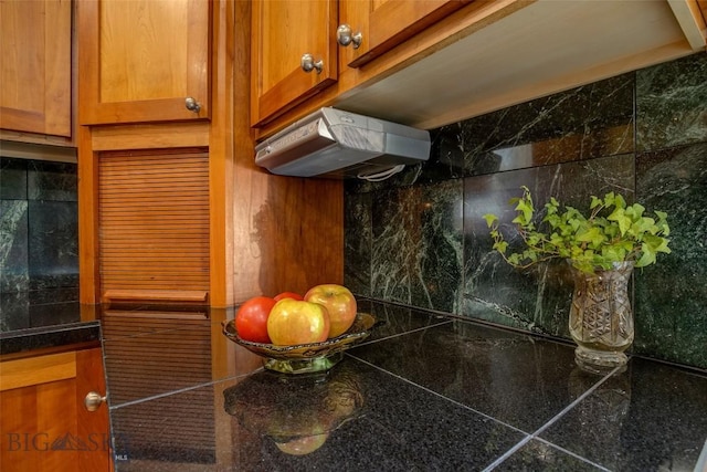 interior space with brown cabinetry, decorative backsplash, and under cabinet range hood