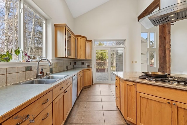 2514 Putter Ct, Bozeman, MT 59715 - kitchen with tasteful backsplash, a sink, light countertops, under cabinet range hood, and stainless steel appliances