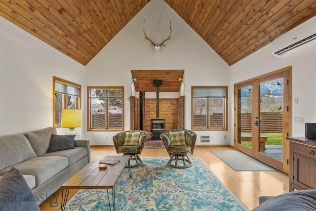 4 Solar Mountain Rd, Gardiner, MT 59030 - living room featuring a wood stove, french doors, a wall mounted air conditioner, light wood finished floors, and high vaulted ceiling