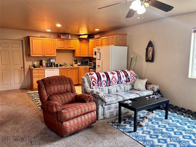 322-328 Vine St, Dillon, MT 59725 - living room featuring a toaster, a ceiling fan, light colored carpet, and recessed lighting