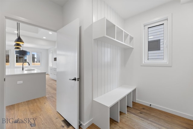 2806 S 30th Ave, Bozeman, MT 59718 - mudroom with a sink, light wood-type flooring, baseboards, and recessed lighting