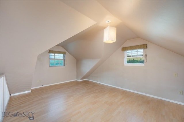 additional living space with baseboards, vaulted ceiling, and wood finished floors