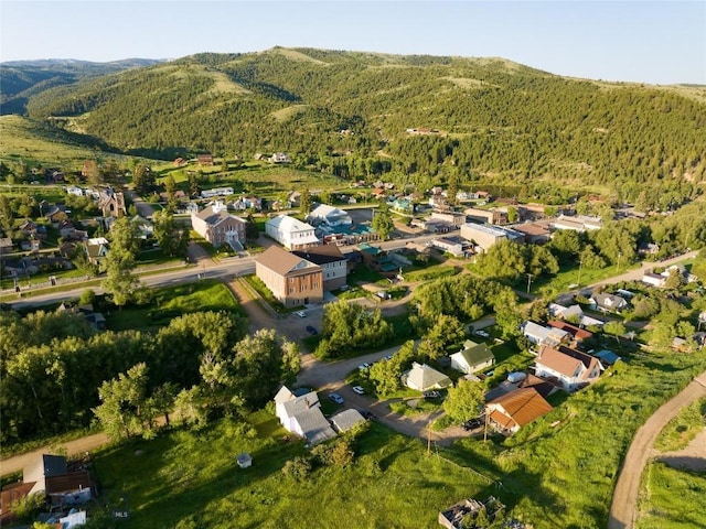 drone / aerial view featuring a mountain view, a residential view, and a forest view