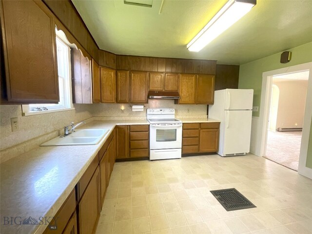 415 E Geyser, Livingston, MT 59047 - kitchen with visible vents, a sink, white appliances, under cabinet range hood, and brown cabinetry