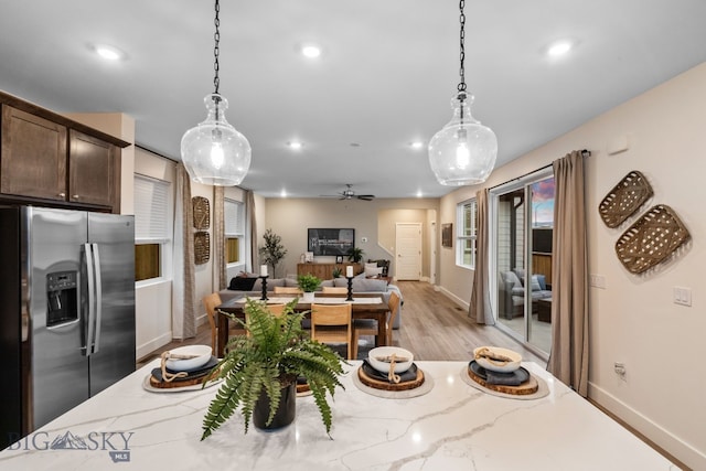 1823 N Cottonwood Rd, Bozeman, MT 59718 - dining area with baseboards, recessed lighting, ceiling fan, and light wood-type flooring