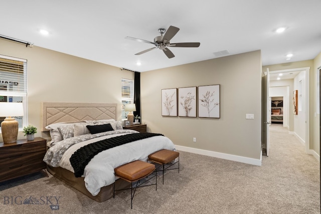 1823 N Cottonwood Rd, Bozeman, MT 59718 - bedroom featuring carpet, recessed lighting, baseboards, and a ceiling fan