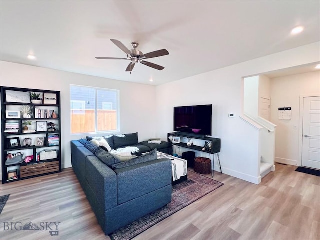 1823 N Cottonwood Rd, Bozeman, MT 59718 - living area with a ceiling fan, light wood-style floors, stairway, recessed lighting, and baseboards