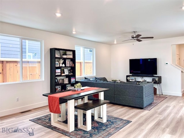 1823 N Cottonwood Rd, Bozeman, MT 59718 - living area with light wood-style flooring, baseboards, ceiling fan, and recessed lighting