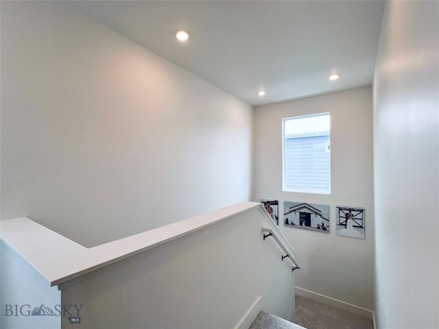 1823 N Cottonwood Rd, Bozeman, MT 59718 - staircase featuring baseboards, carpet flooring, and recessed lighting