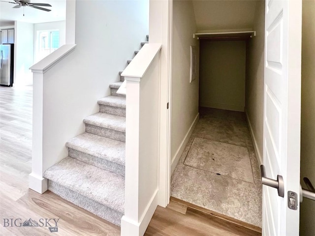 1823 N Cottonwood Rd, Bozeman, MT 59718 - staircase featuring wood finished floors and a ceiling fan