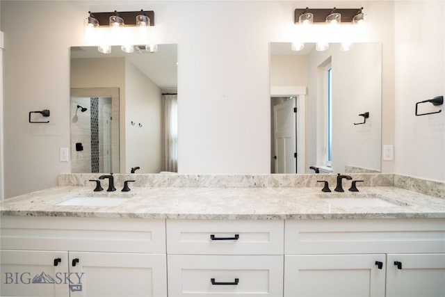 bathroom with a sink, double vanity, and a stall shower