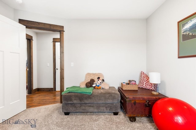 sitting room featuring carpet floors and baseboards