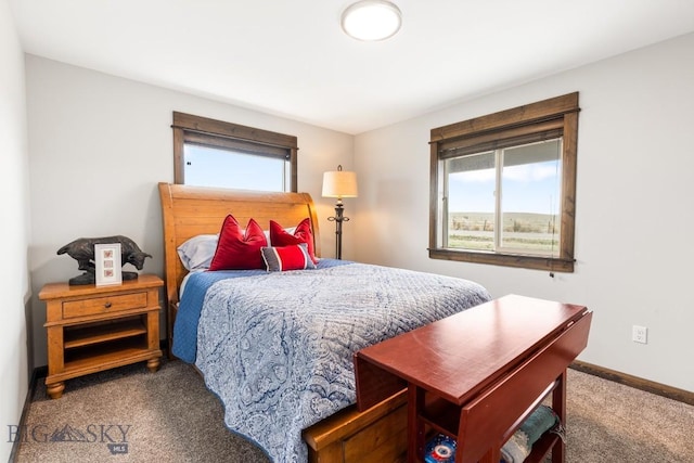carpeted bedroom featuring baseboards and multiple windows