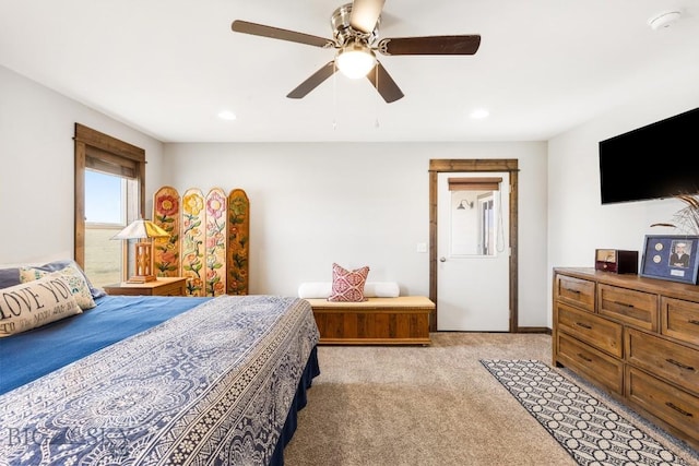bedroom featuring recessed lighting, ceiling fan, and light carpet