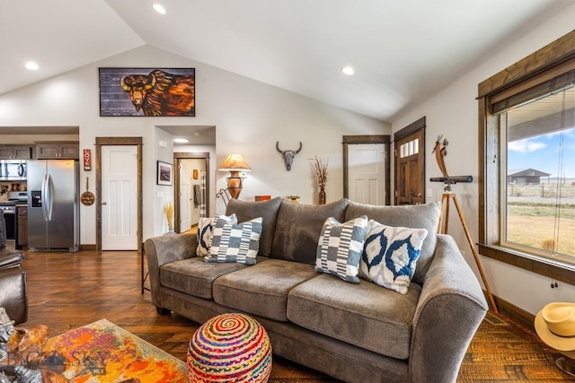 living area featuring dark wood-type flooring, vaulted ceiling, baseboards, and recessed lighting