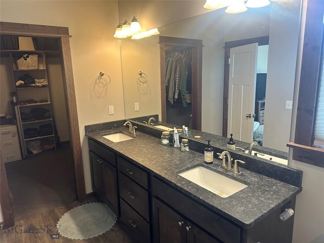 full bathroom featuring a walk in closet, a sink, and wood finished floors