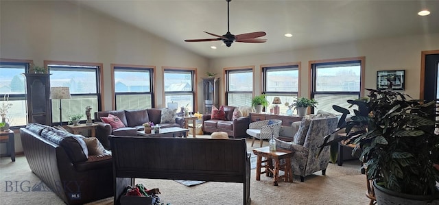 719 Jefferson St, Ennis, MT 59729 - living area featuring light colored carpet, a ceiling fan, vaulted ceiling, and recessed lighting