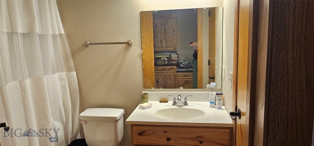 719 Jefferson St, Ennis, MT 59729 - bathroom featuring vanity, a textured wall, and a shower with curtain