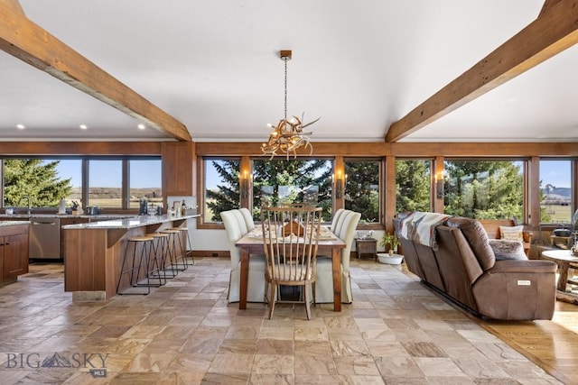 dining room featuring a chandelier, stone tile flooring, beamed ceiling, baseboards, and recessed lighting