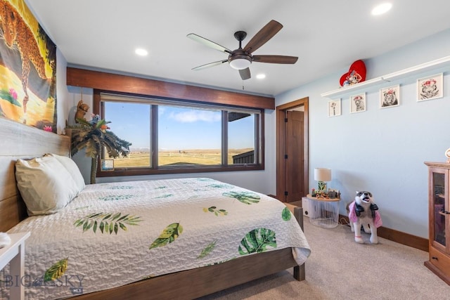 bedroom featuring ceiling fan, baseboards, recessed lighting, and light colored carpet