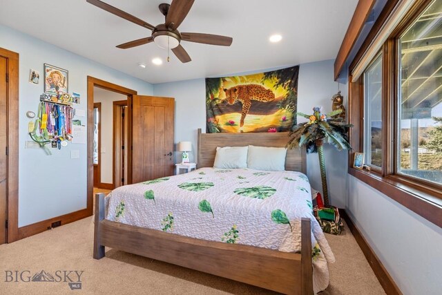bedroom featuring recessed lighting, baseboards, and carpet
