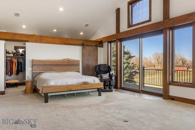 carpeted bedroom featuring vaulted ceiling, access to exterior, visible vents, and recessed lighting