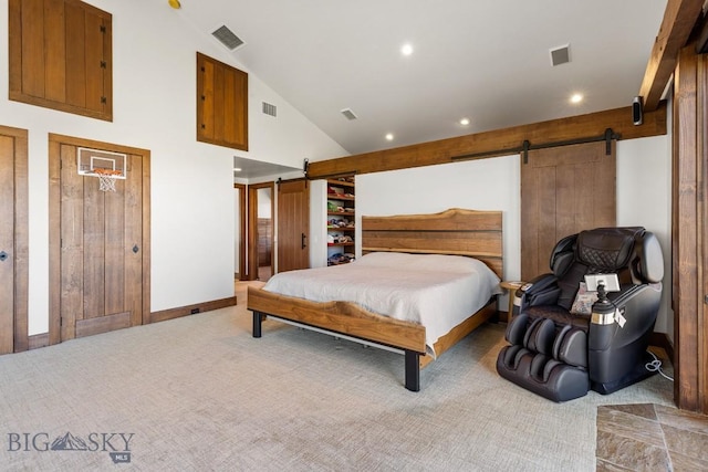 bedroom featuring visible vents, carpet, recessed lighting, and a barn door
