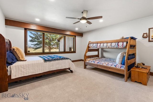 carpeted bedroom featuring recessed lighting, baseboards, and ceiling fan