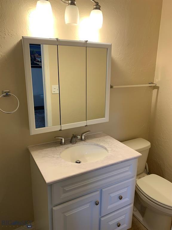 bathroom with a textured wall, vanity, and toilet
