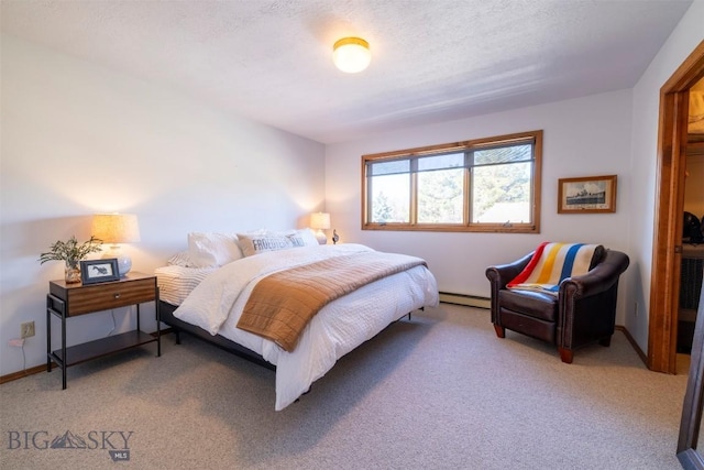 bedroom featuring a baseboard radiator, baseboards, and light colored carpet