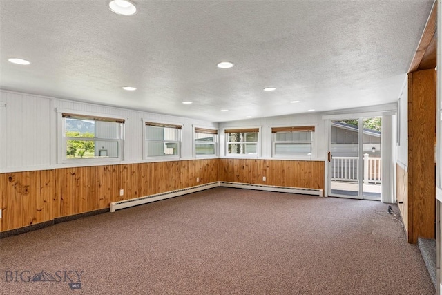 509 1st E, Whitehall, MT 59759 - carpeted spare room with a textured ceiling, plenty of natural light, wooden walls, recessed lighting, and baseboard heating