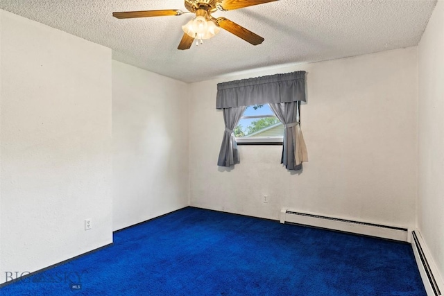 509 1st E, Whitehall, MT 59759 - empty room with a baseboard heating unit, carpet flooring, a textured ceiling, and ceiling fan