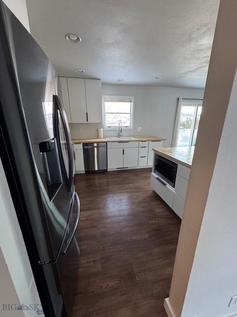 kitchen with a wealth of natural light, white cabinetry, stainless steel appliances, and a sink