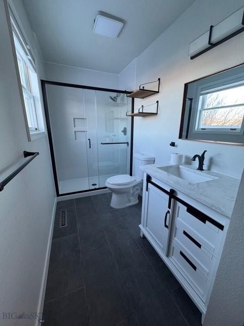 bathroom with vanity, a wealth of natural light, a shower stall, and toilet