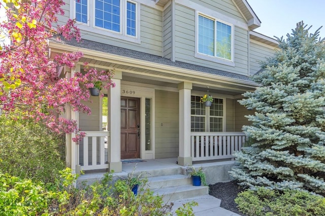 3609 Fieldstone W, Bozeman, MT 59715 - view of exterior entry with covered porch and roof with shingles