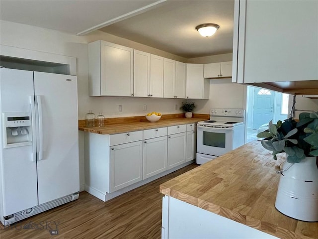 307 W Legion St, Whitehall, MT 59759 - kitchen featuring butcher block countertops, dark wood-style floors, white appliances, and white cabinets