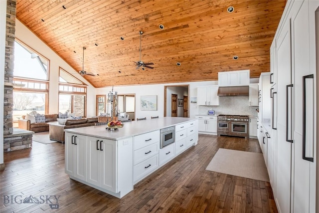 10 Wood Duck Rd, Ennis, MT 59729 - kitchen with double oven range, wooden ceiling, high vaulted ceiling, a ceiling fan, and ventilation hood