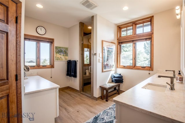 10 Wood Duck Rd, Ennis, MT 59729 - bathroom featuring double vanity, wood finished floors, a shower stall, and recessed lighting