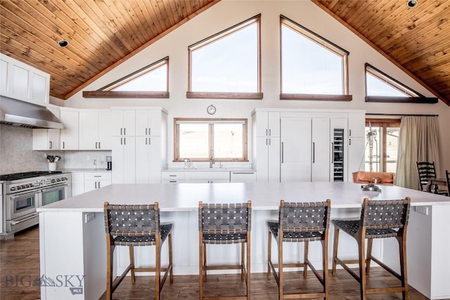 10 Wood Duck Rd, Ennis, MT 59729 - kitchen featuring range with two ovens, wooden ceiling, range hood, high vaulted ceiling, and white cabinets