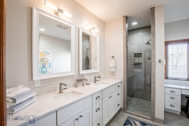 10 Wood Duck Rd, Ennis, MT 59729 - full bath with double vanity, a shower stall, and recessed lighting