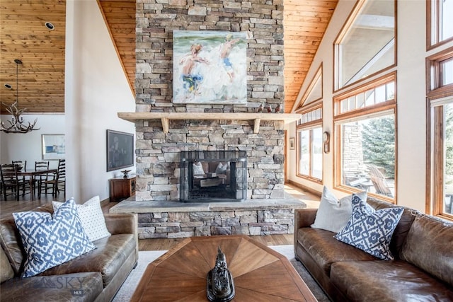 10 Wood Duck Rd, Ennis, MT 59729 - living room with wooden ceiling, high vaulted ceiling, wood finished floors, healthy amount of natural light, and a stone fireplace