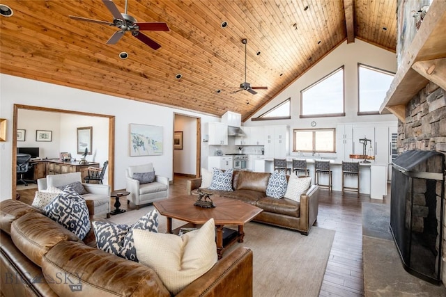 10 Wood Duck Rd, Ennis, MT 59729 - living area with a ceiling fan, high vaulted ceiling, an office area, dark wood-style floors, and a wood ceiling with exposed beams