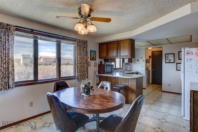dining area featuring light floors, ceiling fan, baseboards, and a textured ceiling