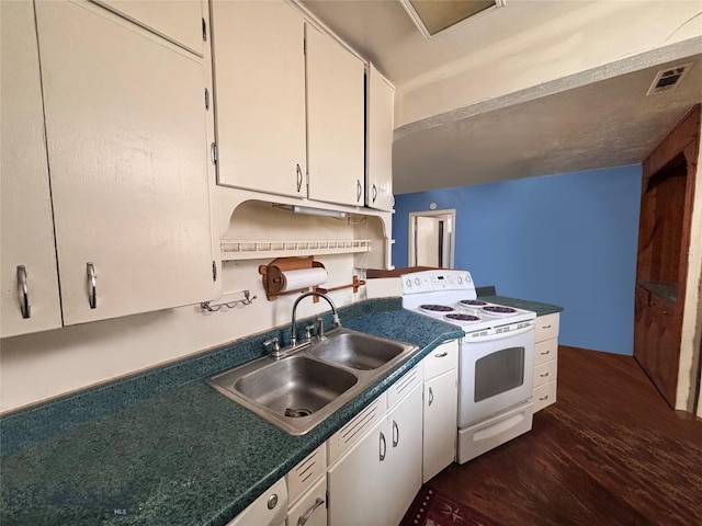 kitchen with dark wood-style floors, electric stove, a sink, white cabinets, and visible vents