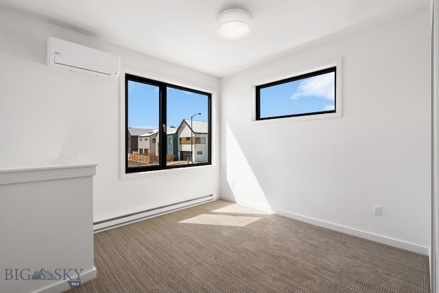 spare room with baseboards, baseboard heating, carpet flooring, and a wall unit AC
