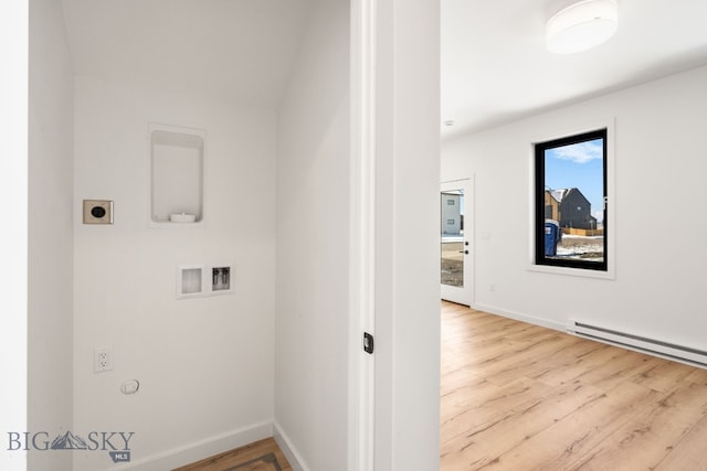 laundry area with baseboards, wood finished floors, gas dryer hookup, and hookup for an electric dryer