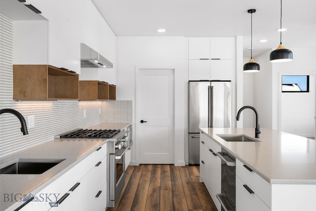 kitchen featuring modern cabinets, wall chimney range hood, appliances with stainless steel finishes, and a sink