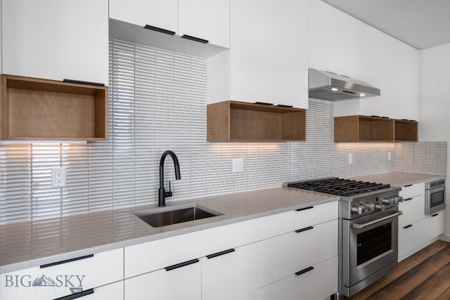 kitchen featuring white cabinets, under cabinet range hood, stainless steel appliances, a sink, and tasteful backsplash