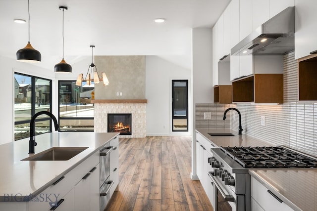 kitchen featuring wall chimney exhaust hood, high end stainless steel range oven, a sink, and hardwood / wood-style floors